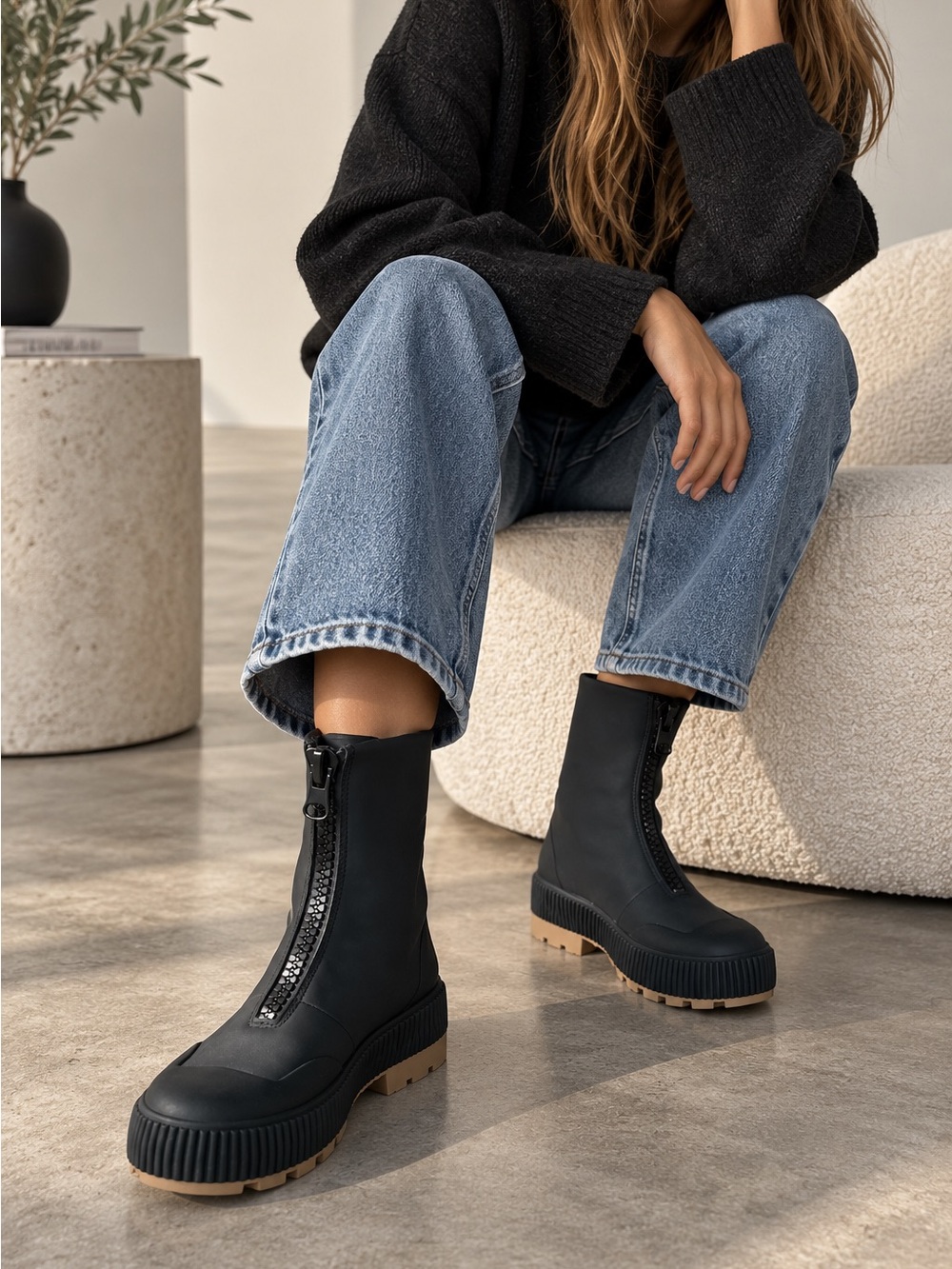Zara Black Front-Zip Women's Rain Boots